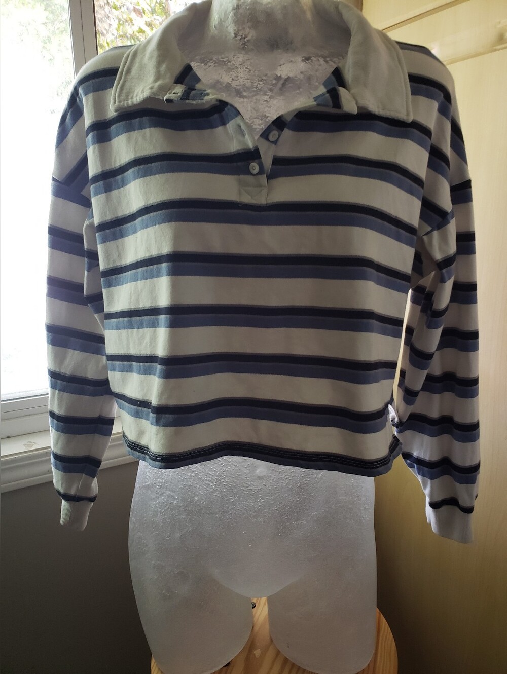 iris White and Navy Striped Cotton Blend Long-Sleeve Crop Polo
